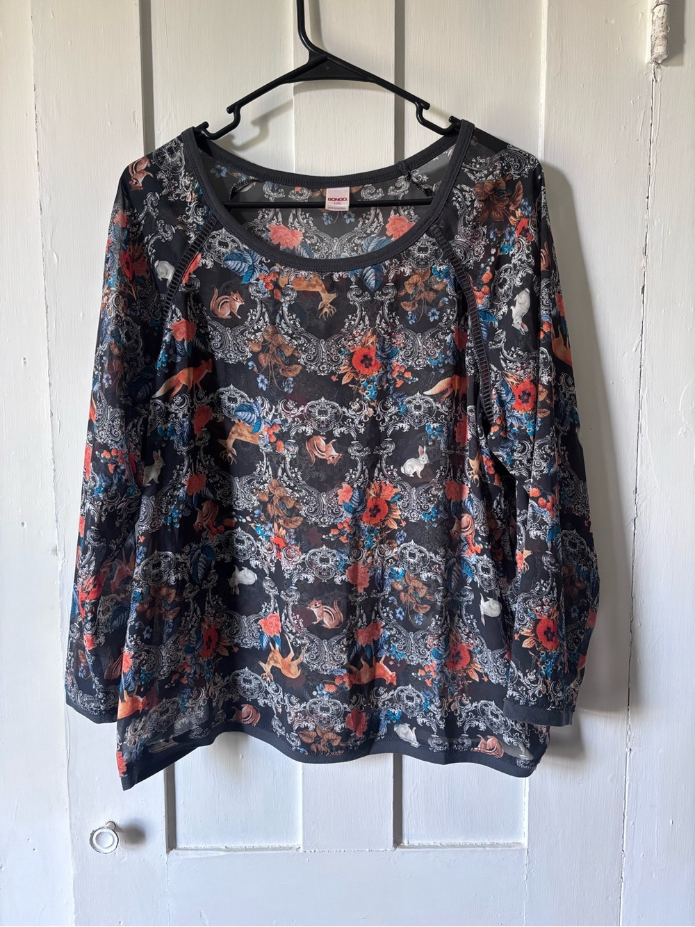 BONGO whimsical sheer Long-Sleeve Scoop Neck Top with Floral & Animal Print